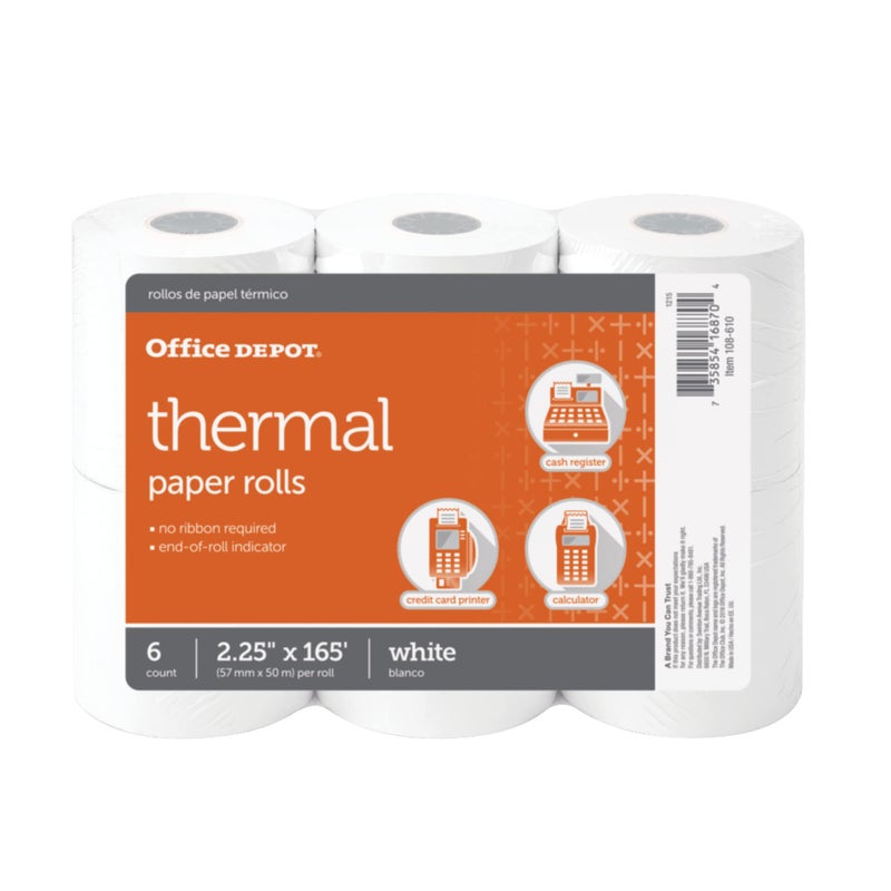 Office Depot Thermal Paper Rolls, 2 1/4in. x 165ft., White, Pack Of 6, 108610 - Image 1